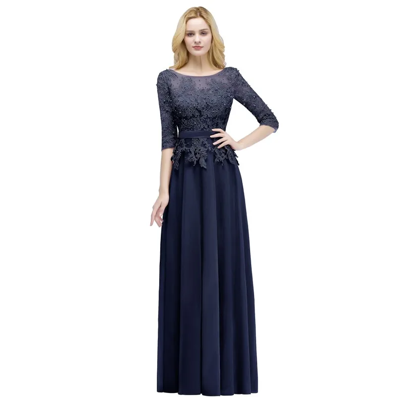 Navy Blue Бордовое, розовое, темно-синее шифоновое длинное платье подружки невесты с овальным вырезом и коротким рукавом, свадебное платье, vestido madrinha - Цвет: Navy Blue