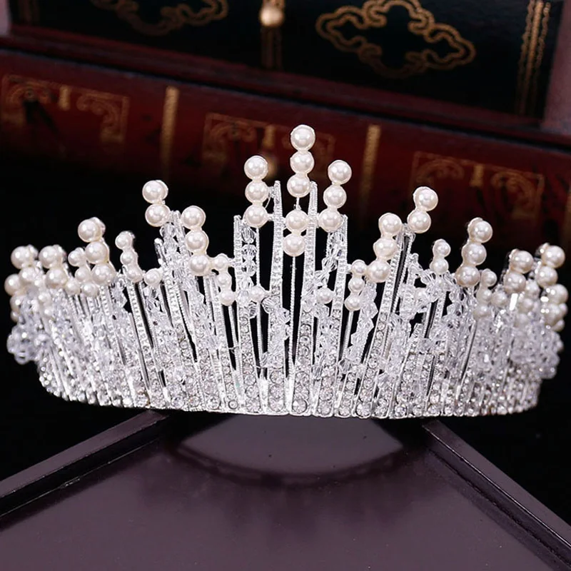 

New Vintage Multilayer Luxury Silver color Crystal Pearl Tiara Crown Wedding Hair Accessories Bridal Party Jewelry Big Headbands