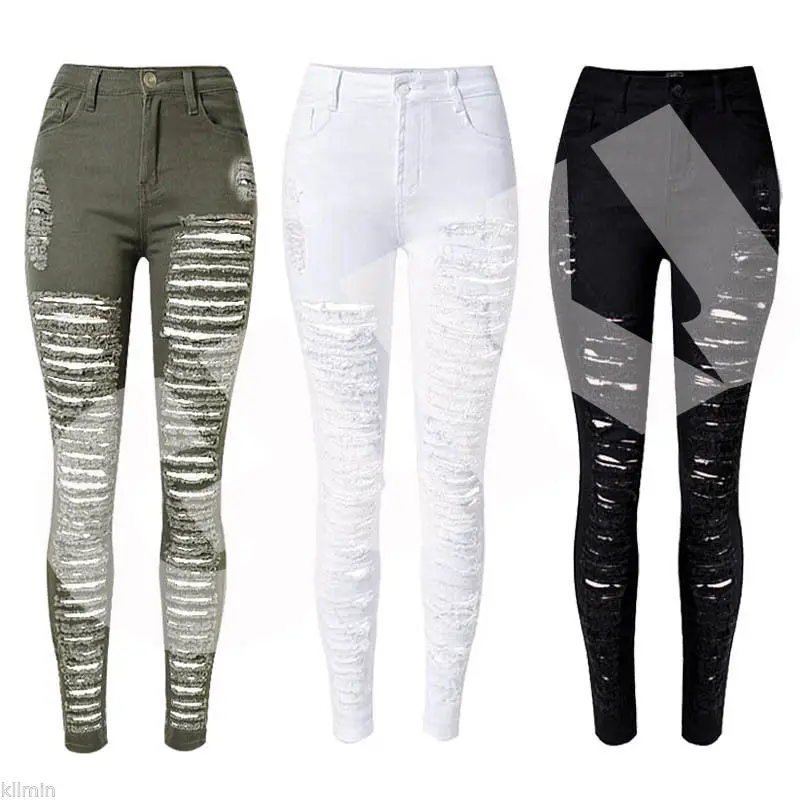 

Sexy Women Destroyed Ripped Denim Jeans Skinny Hole Pants High Waist Stretch Jeans Slim Pencil Trousers Black White Blue