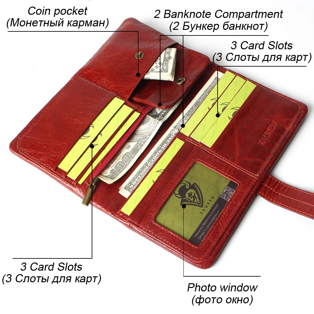 Женская мода RFID красного цвета Длинный кошелек из натуральной кожи Воск коровья
