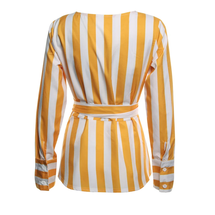 Для женщин в полоску с длинными рукавами camisetas mujer verano 2018 поясом Сексуальная V шеи