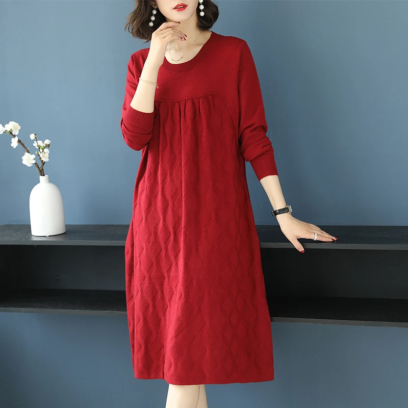 

Women Sweater Dress New Autumn Fashion Plaid Knit Dress Ladies O-Neck Long Sweater Pullovers