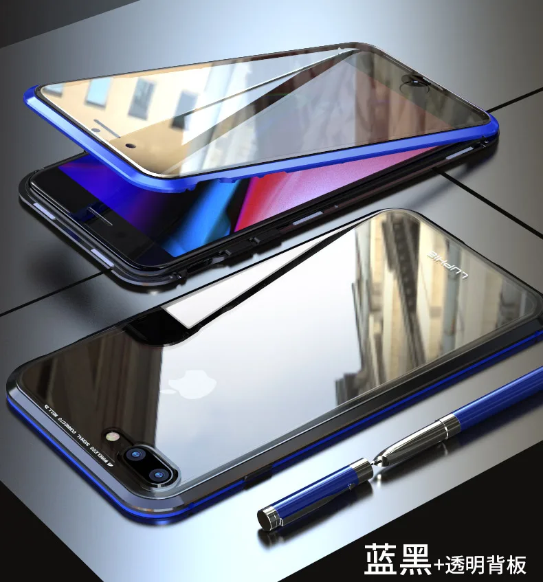 black blue Роскошный металлический магнитный чехол для телефона LUPHIE 360 с полной защитой для iPhone XS MAX XR X Coque, чехол для iPhone 7 8 Plus, стеклянная крышка - Цвет: black blue