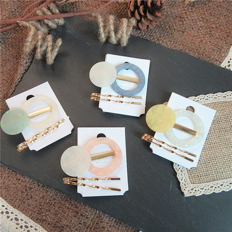 1SET Korea Acetic Acid Hollow Geometric Round Shape Solid Color Hair Clips Women Birthday Hair Accessories