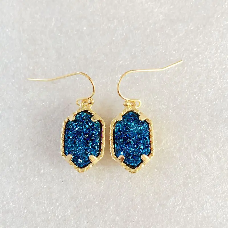20 вариантов Drusy шестигранные Висячие серьги имитация лавы камни Друза серьги золотой цвет брендовые ювелирные изделия для женщин - Окраска металла: GD blue
