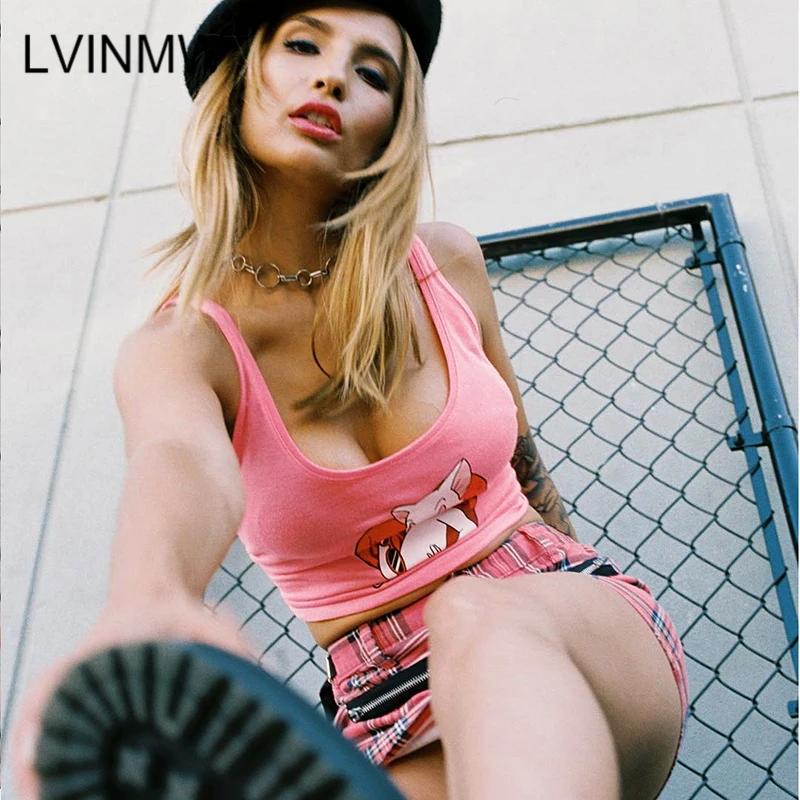 LVINMW, сексуальные топы с низким вырезом, без рукавов, тонкие топы, лето, женские топы с розовыми буквами и принтом кошки, женские модные уличные Топы