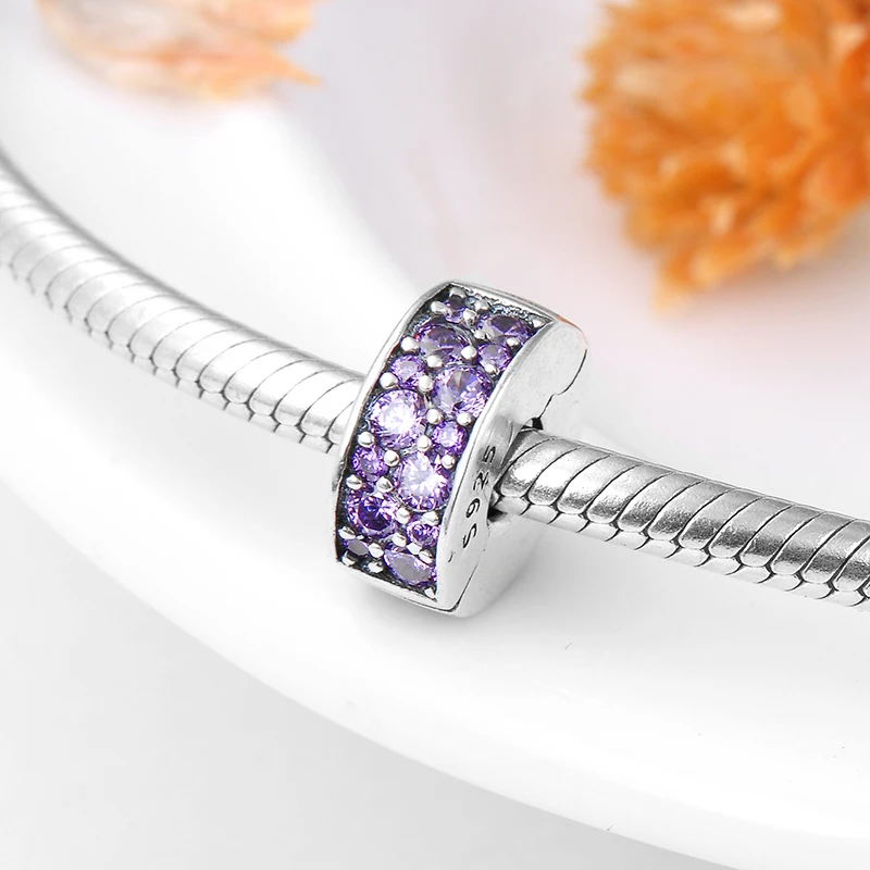 Настоящее серебро 925 пробы клипсы бусины Подвески с фиолетовым CZ Fit Оригинал Pandora