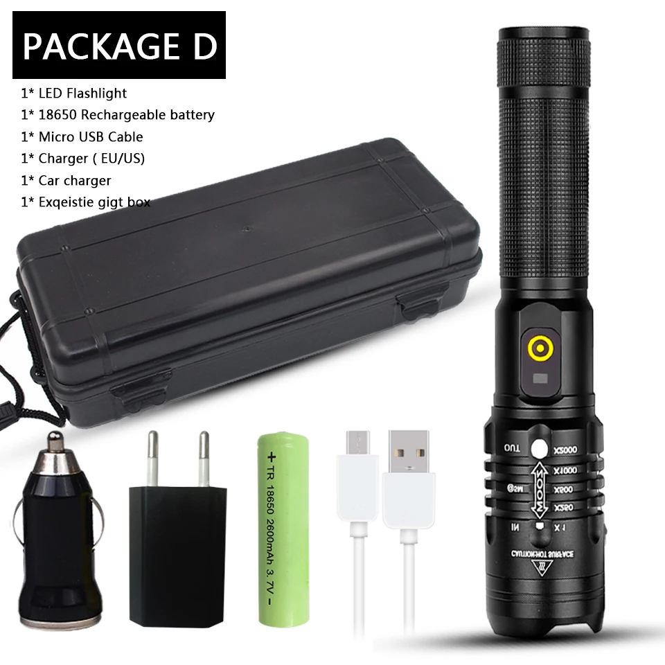 Cree xhp50 3000лм внешний аккумулятор светодиодный фонарик usb зарядка растягивающийся зум ударопрочный 18650 перезаряжаемый фонарик - Испускаемый цвет: Package D