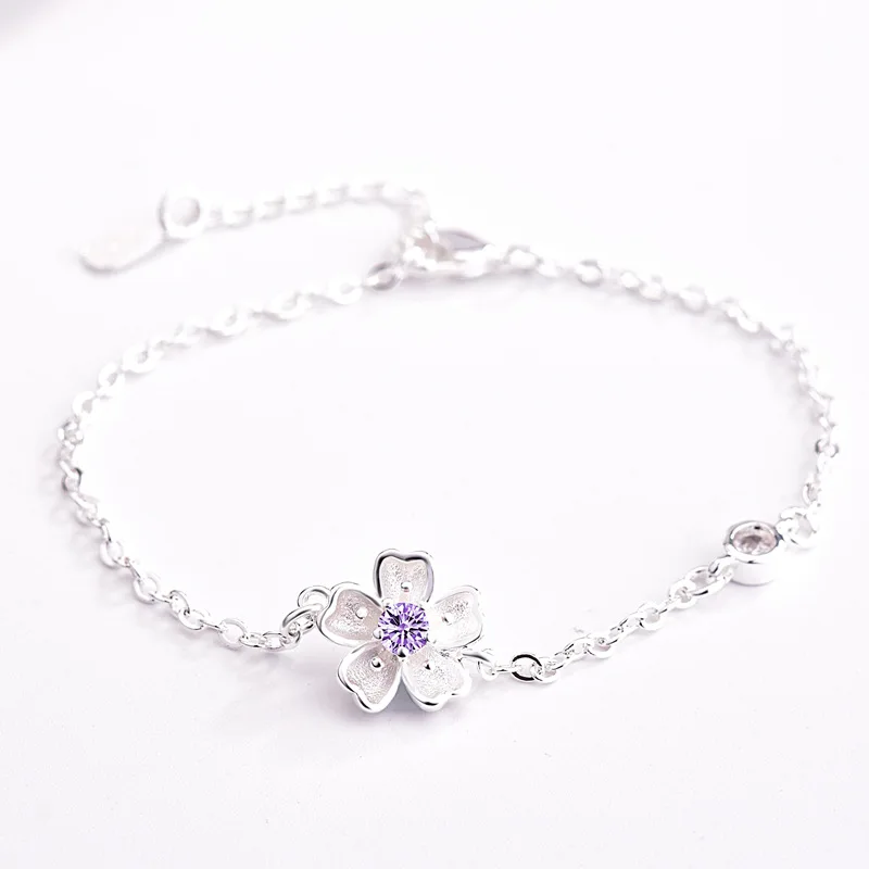 sakura purple OMHXZJ,, Европейская мода, женский, для вечеринки, дня рождения, свадьбы, подарок, Сакура, AAA, циркон, 925 пробы, серебряный браслет, BA117 - Цвет камня: sakura purple