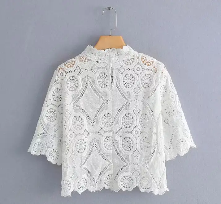 Женская кружевная блузка с коротким рукавом Ажурные кружевные топы высоким
