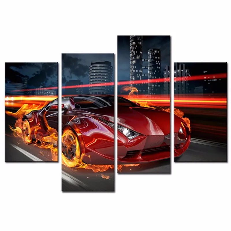 

4 Panel Red Luxury Sports Car Painting Canvas Print Wall Picture For Living Room Modern Prints On Canvas Unframed