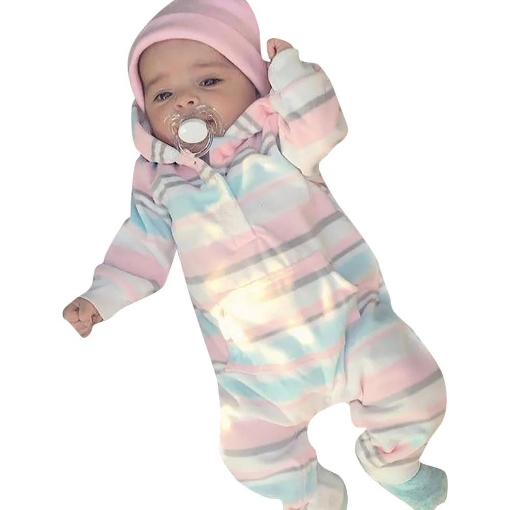 Baby Rompers Newborn winter Overall Boy Girl Colourful Striped Hooded Romper Jumpsuit new born baby clothes Kids Costume | Детская