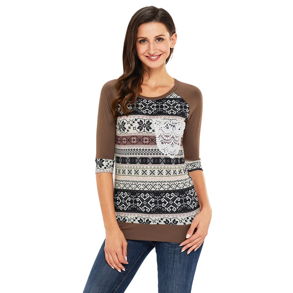 2018 Летняя женская футболка с рукавом три четверти и принтом плюс размер