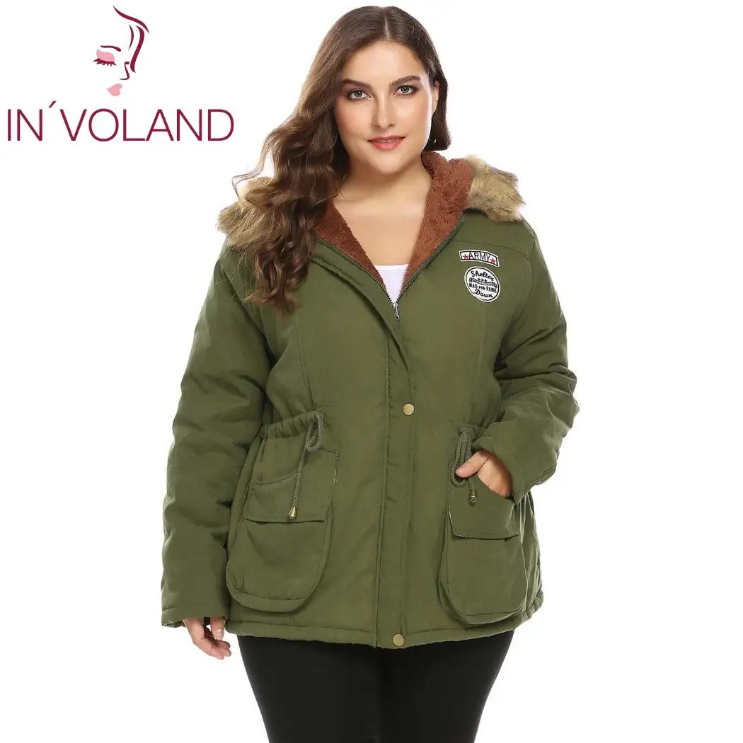 Army Green IN'VOLAND размера плюс женская зимняя повседневная куртка с капюшоном и длинным рукавом для кошек, одноцветная парка на молнии с анораком, зимнее пальто - Цвет: Army Green