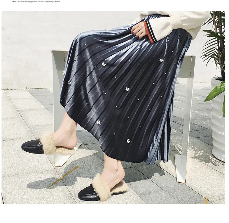 Золотая Бархатная юбка осень-зима 2018 новая высокая талия длинная секция ручной