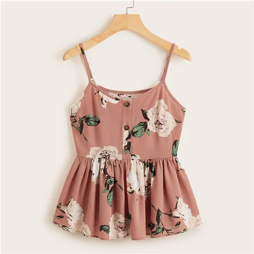 SHEIN многоцветный большой цветочный гофрированный подол Cami Top для женщин Лето кнопка спереди Регулируемый Спагетти ремень без рукавов Boho милые топы - Цвет: Розовый