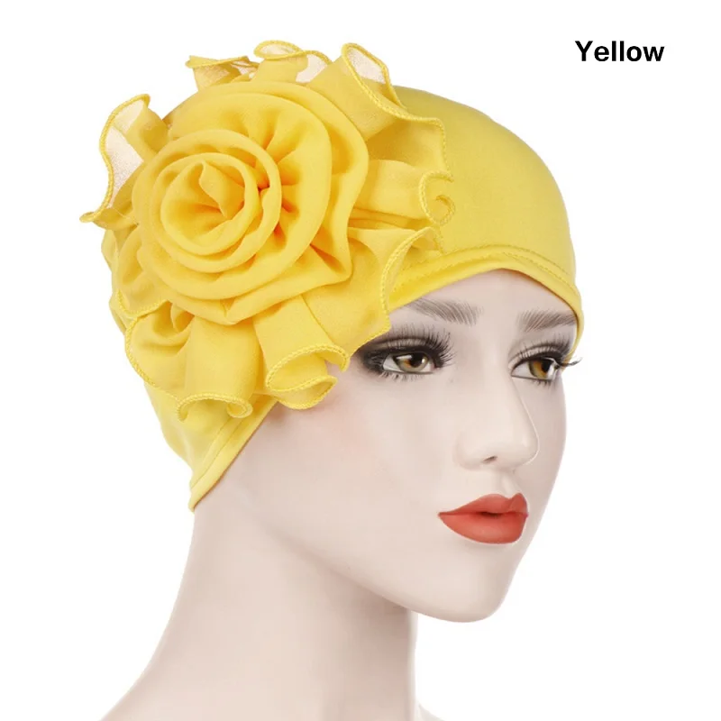yellow 1 шт. кружевной цветок рюшами мусульманский хиджаб исламский Джерси для женщин тюрбан химиотерапия шляпа шарф дамы новая мода зима теплый головной убор кепки - Цвет: yellow