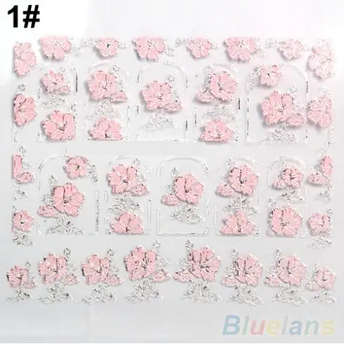 3D Nail Stickers Embossed Pink Flowers Design Art Decal Tips Sheet Manicure 1QLE | &amp Decals