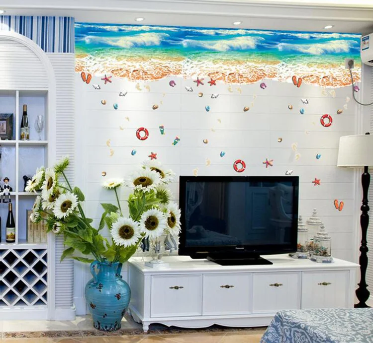 Новые объемные большие настенные 3d наклейки с изображением синего пляжа и
