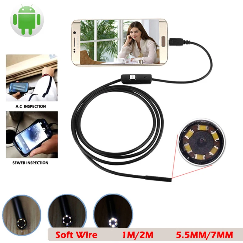

Эндоскоп с микро-USB, 6 светодиодов, камера-эндоскоп 7 мм/5,5 мм 1 м, Поддержка Android, водонепроницаемый трубопровод для осмотра печатных плат, ПК, д...