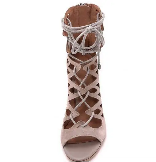 2017 Summer Beige Suede Leather Fashion Cross-Tied Thin High Heels Peep Toe Zipper Lace-Up New Sexy Women Dress Sandals Big Size | Обувь
