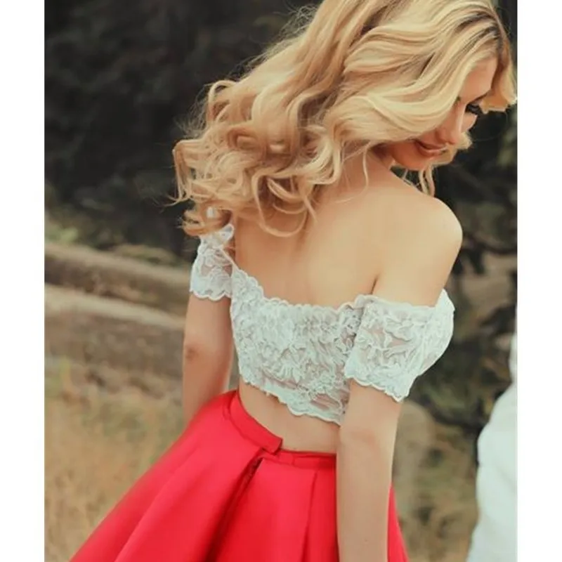 2018 Новое Простое Кружевное Galajurken Платье Сладкое Сердце Атлас 2 Части Короткие Вечерние Платья Рукавом Платье на вечеринке выпускного бала.