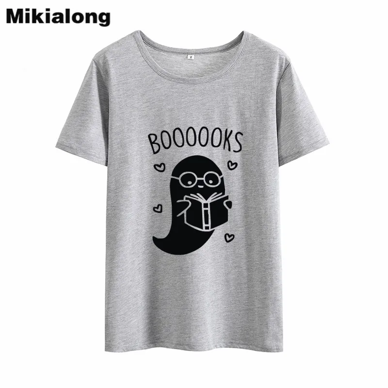 Mikialong 2018 графическая кавайная женская футболка BOOOOOKS Дамский топ с надписью