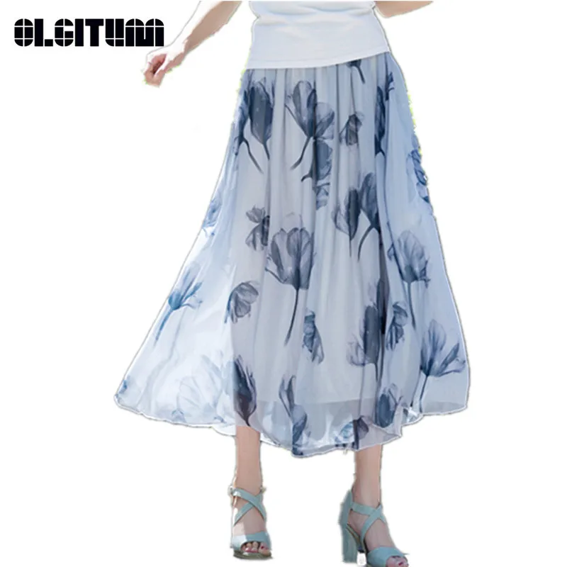 

New Design Women's Skirts for Summer Chinese Style Print Female Skirts A word Mid-long Skirt Chiffon Lady Skirts SK156