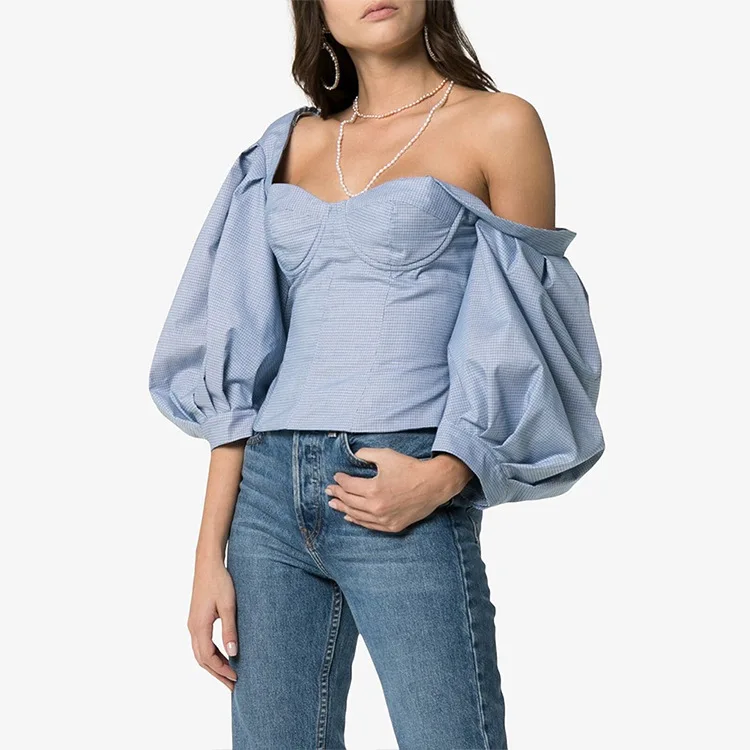 Весна и лето 2019 фонарь рукав синие женские рубашки топы с открытыми плечами Топ