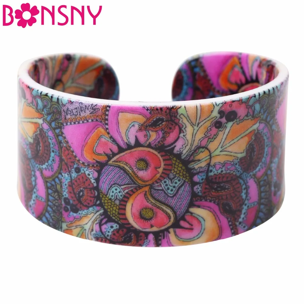 Женский широкий браслет Bonsny этнический акриловый в стиле ретро с цветочным