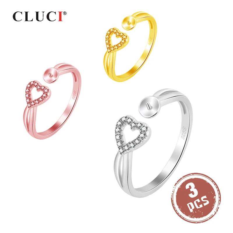 

CLUCI 3pcs Silver Love Heart Women Rings 925 Sterling Silver Pearl Ring Mounting Adjustable Rings Heart Zircon Rings SR2173SB