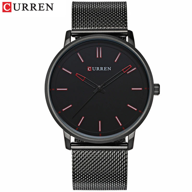 black red CURREN Топ люксовый бренд часы для мужчин Нержавеющая сталь сетка ремешок Кварцевые-часы ультра тонкий циферблат часы для мужчин relogio masculino - Цвет: black red