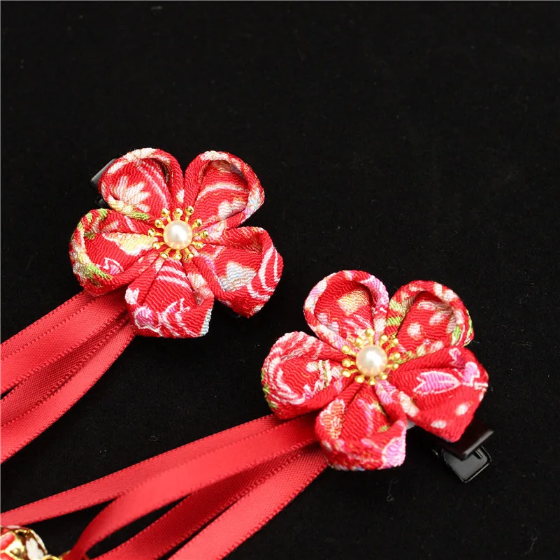 Принцесса заколки для волос заколки Kanzashi Yukata аксессуары для кимоно красный розовый девушки кисточкой цветок ленты Бисероплетение фестиваль подарок