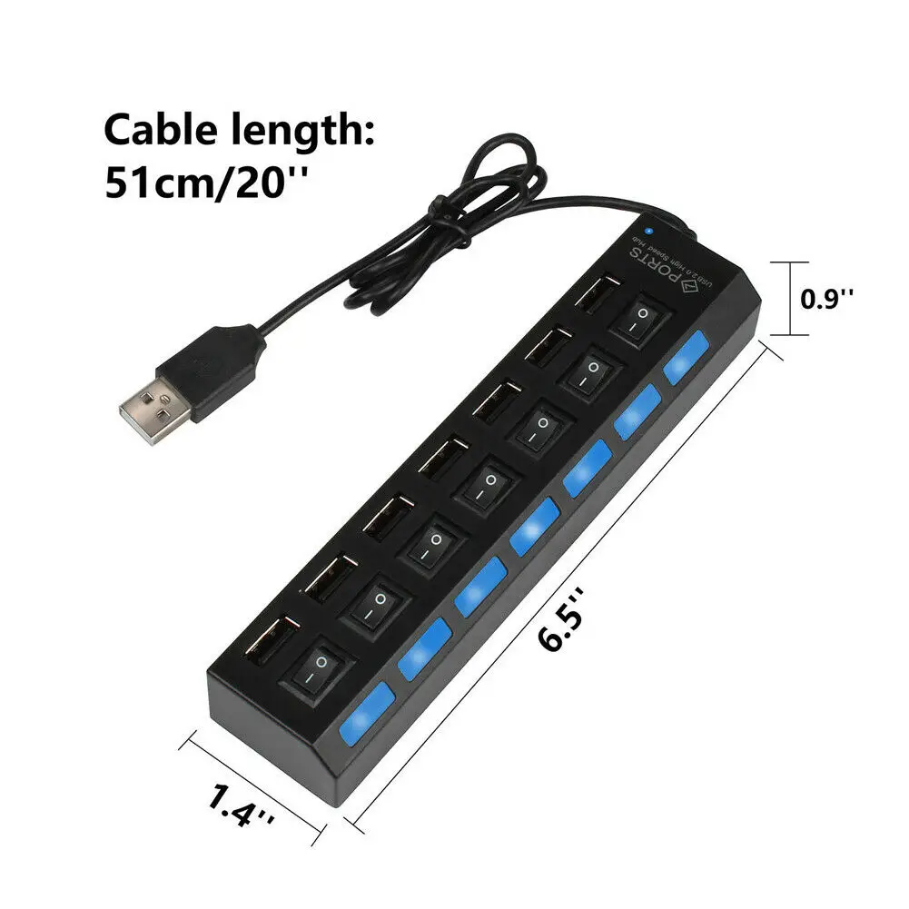 USB 2,0 7-Порты и разъёмы мульти Зарядное устройство Hub+ высокоскоростной адаптер ON/OFF переключатель для ноутбука/ПК