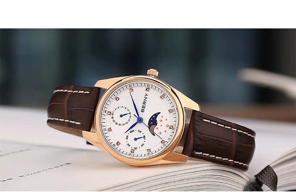 Япония Moon Phase кварцевые часы для женщин модные повседневные часы Роскошные розовое золото кожа водонепроницаемый дамы кварцевые наручные часы 2160L