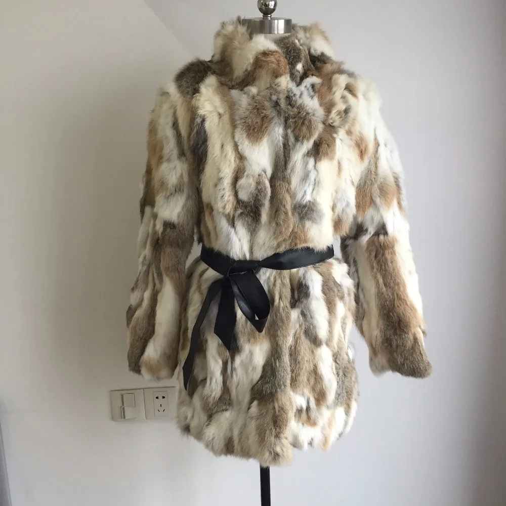 Женское длинное пальто из натурального меха с воротником стойкой|real rabbit fur coat|real