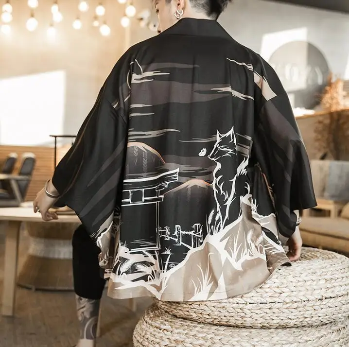 Moonlight Black Zongke Fox Moonlight черное кимоно для мужчин японское кимоно кардиган Harajuku кимоно рубашка Мужская Уличная Мужская гавайская рубашка 5XL - Цвет: Moonlight Black