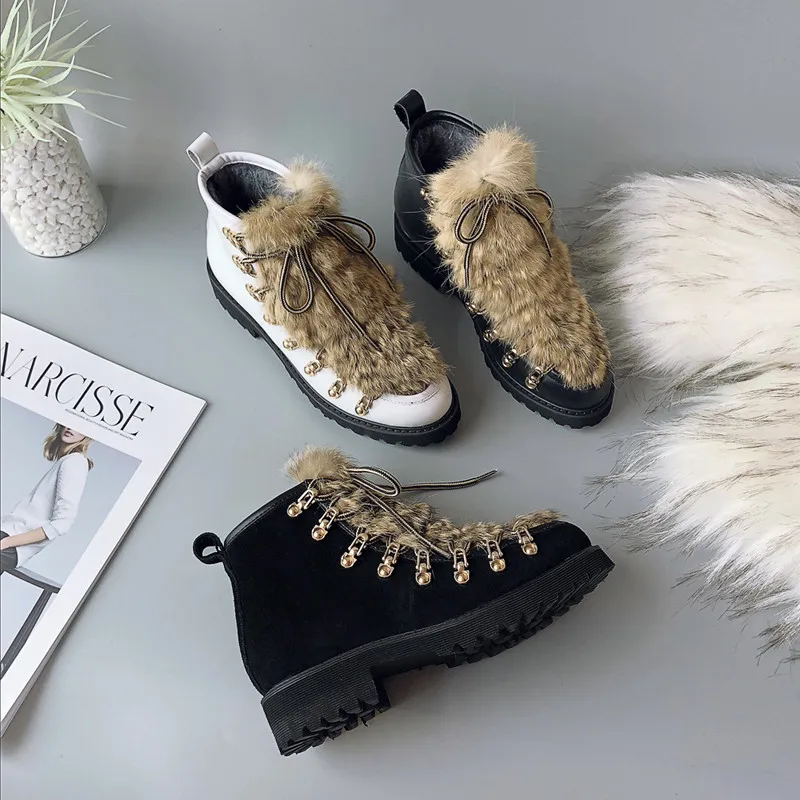 Stylesowner/Новинка года; ботинки в стиле панк на шнуровке из натуральной кожи с кроличьим мехом; ботильоны на платформе с толстой подошвой в байкерском стиле; черная обувь с металлическим украшением