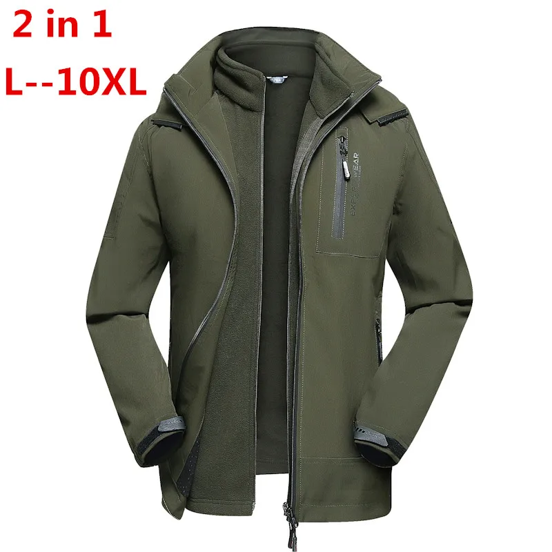10XL 8XL 6XL мужские зимние 3 в 1 внутренний флис 2 шт набор уличные куртки теплая водонепроницаемая бейсболка для походов с защитной сеткой походная куртка - Цвет: Армейский зеленый