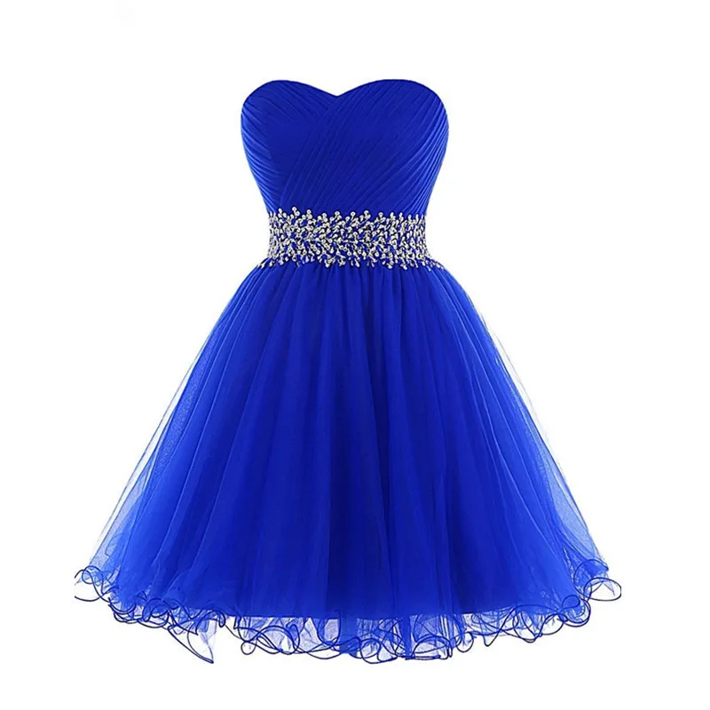 

robe de soriee 2019 Hot Sale Royal Blue Short Cocktail Dress Beads Sash Tulle Bridal Party Dress vestido de noiva Cheap
