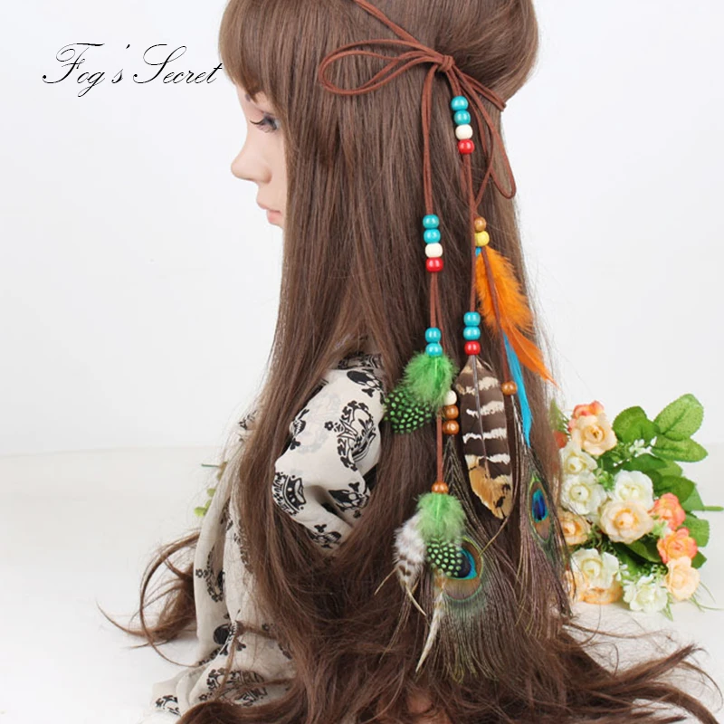 Женская ободок для волос этнического стиля с деревянными бусинами и перьями, аксессуары для волос.
