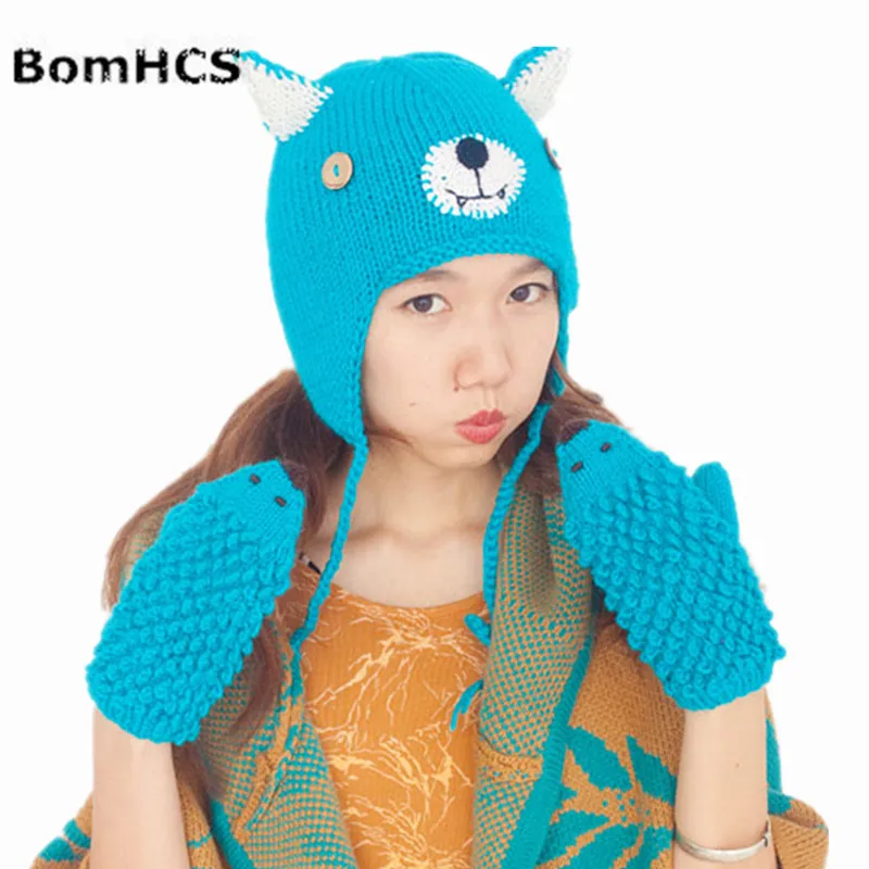 BomHCS Милая шапочка с медведем + искусственная вязаная зимняя Толстая ручной