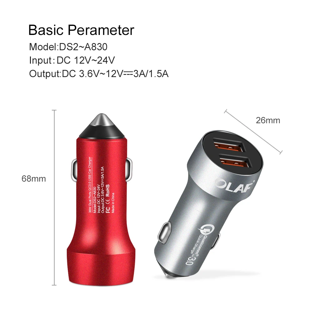 Автомобильное зарядное устройство Olaf Dual USB Quick Charge QC 3 0 Для samsung Xiaomi быстрая смарт