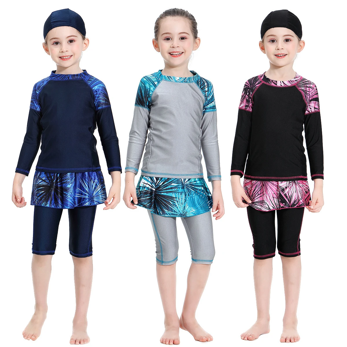 

Muslim Kids Summer Swimwear Full Cover Three Pieces Cap+top+leggings Elegant Printing Islamic Swim Suits for Girls 3-15years