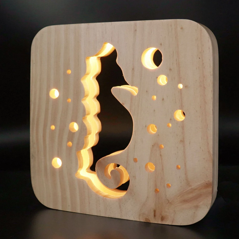 Деревянный Seahorse ночник USB LED Настольная лампа декоративное освещение подарочный