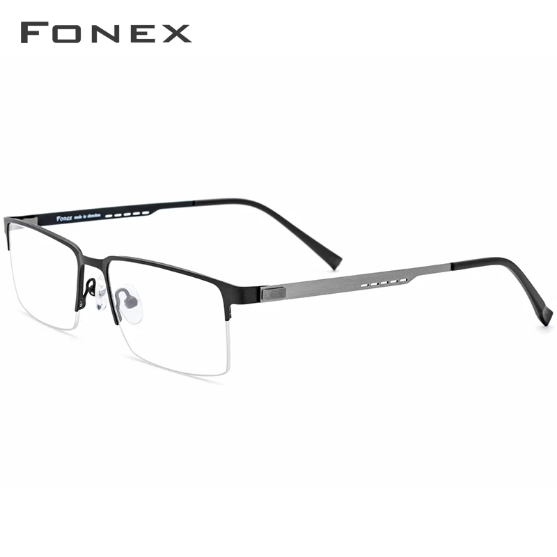 FONEX сплав очки оправа для мужчин Сверхлегкий квадратный близорукость по рецепту очки металлические полуоптические оправы Безвинтовые очки - Цвет оправы: Черный