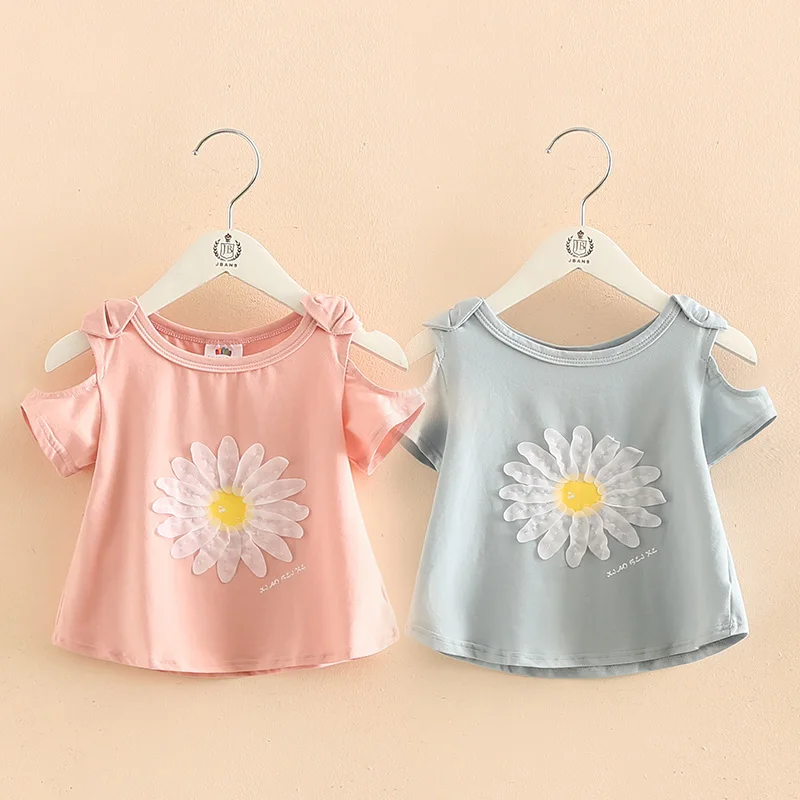 

2022 Summer New Design 2 3 4 5 6 8 10 Years Cotton Short Sleeve O-Neck Strapless Off-Shoulder Floral Cute Kids Baby Girl T-Shirt
