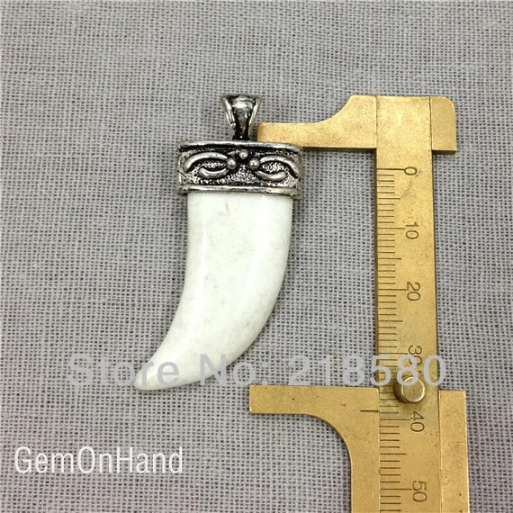 

H-SP15 White Agat Tibetan Horn Tusk Pendant Silver Cap and Bail Tusk Boho Look