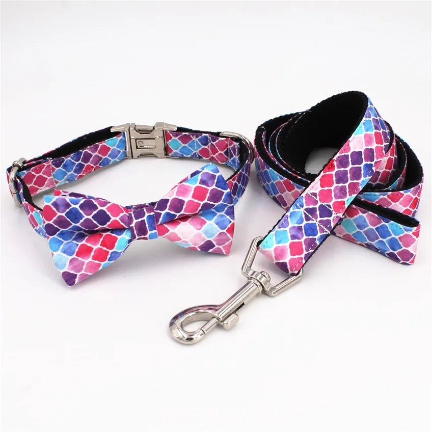 collar bow leash Фиолетовый собачий ошейник с бантом, поводок и бандана, наборы для домашних животных, свадебные аксессуары для собак - Цвет: collar bow leash
