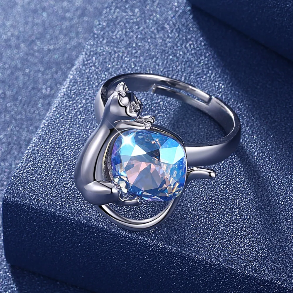 Прекрасный Кот Кристалл от Swarovski Ювелирный Набор 925 серебро милое ожерелье Синие стразы кольцо для женщин Подарки на годовщину